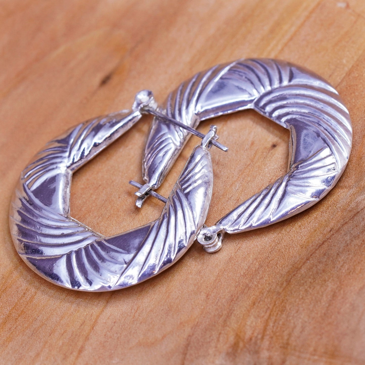1.25”, Sterling silver twisted hoop earrings, 925 textured flatten huggie