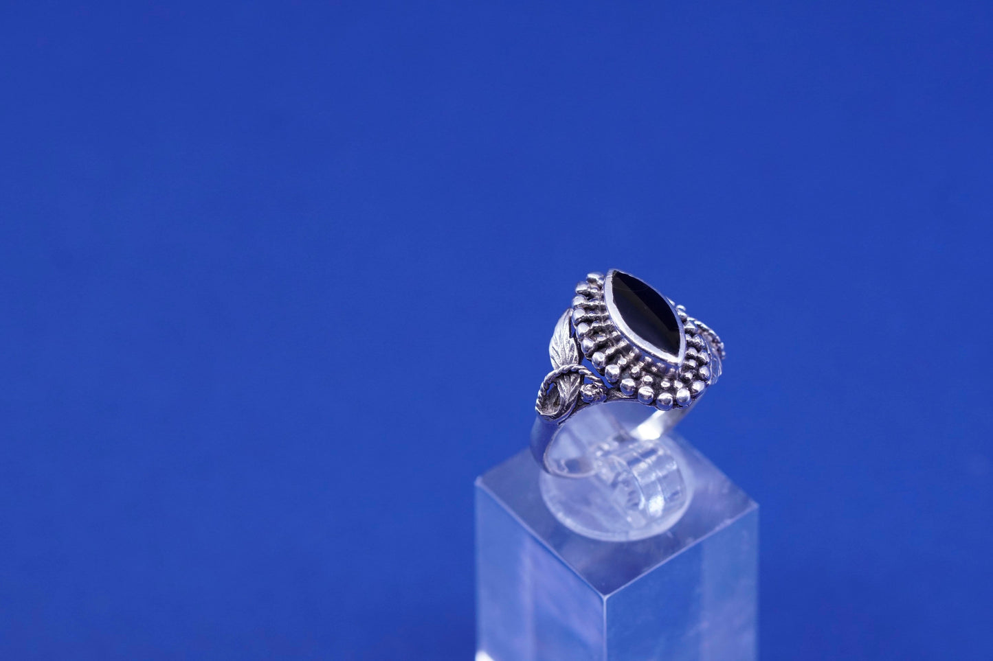 Size 7.25, vintage Sterling 925 silver handmade ring with onyx and beads