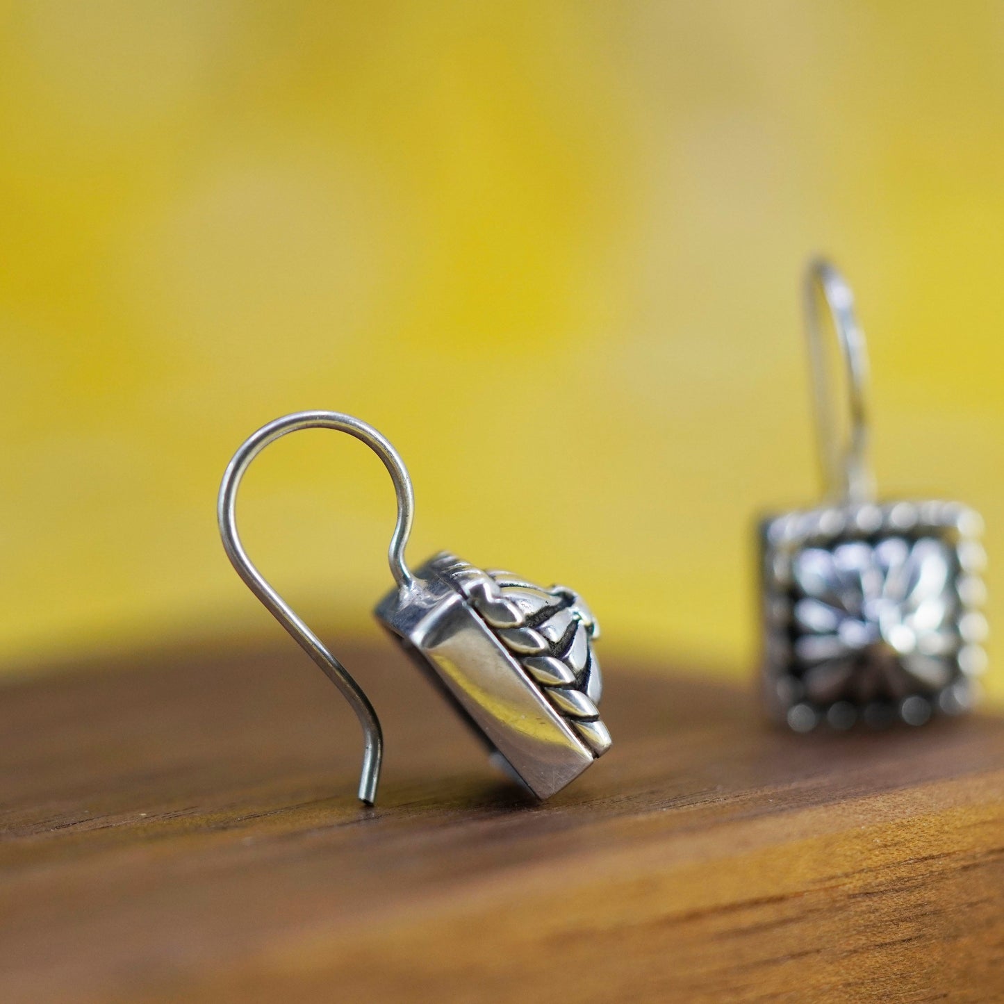 Vintage 925 Sterling Silver handmade square Shape Floral Earrings