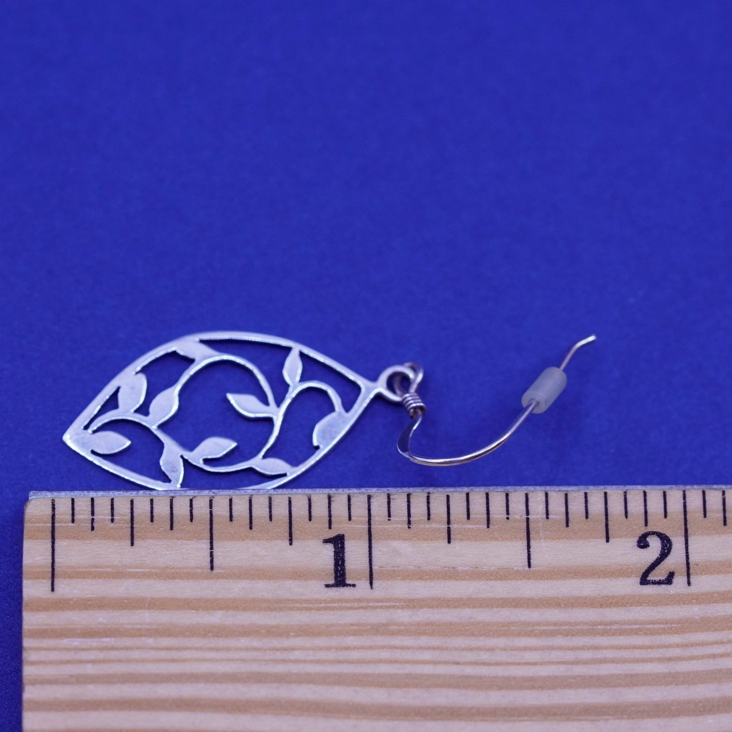 Vintage sterling silver handmade earrings, 925 marquise drops with leaf cutout