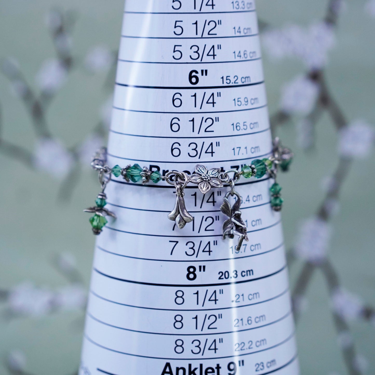 7”, Sterling 925 silver beads bracelet fairy flower charms green crystal