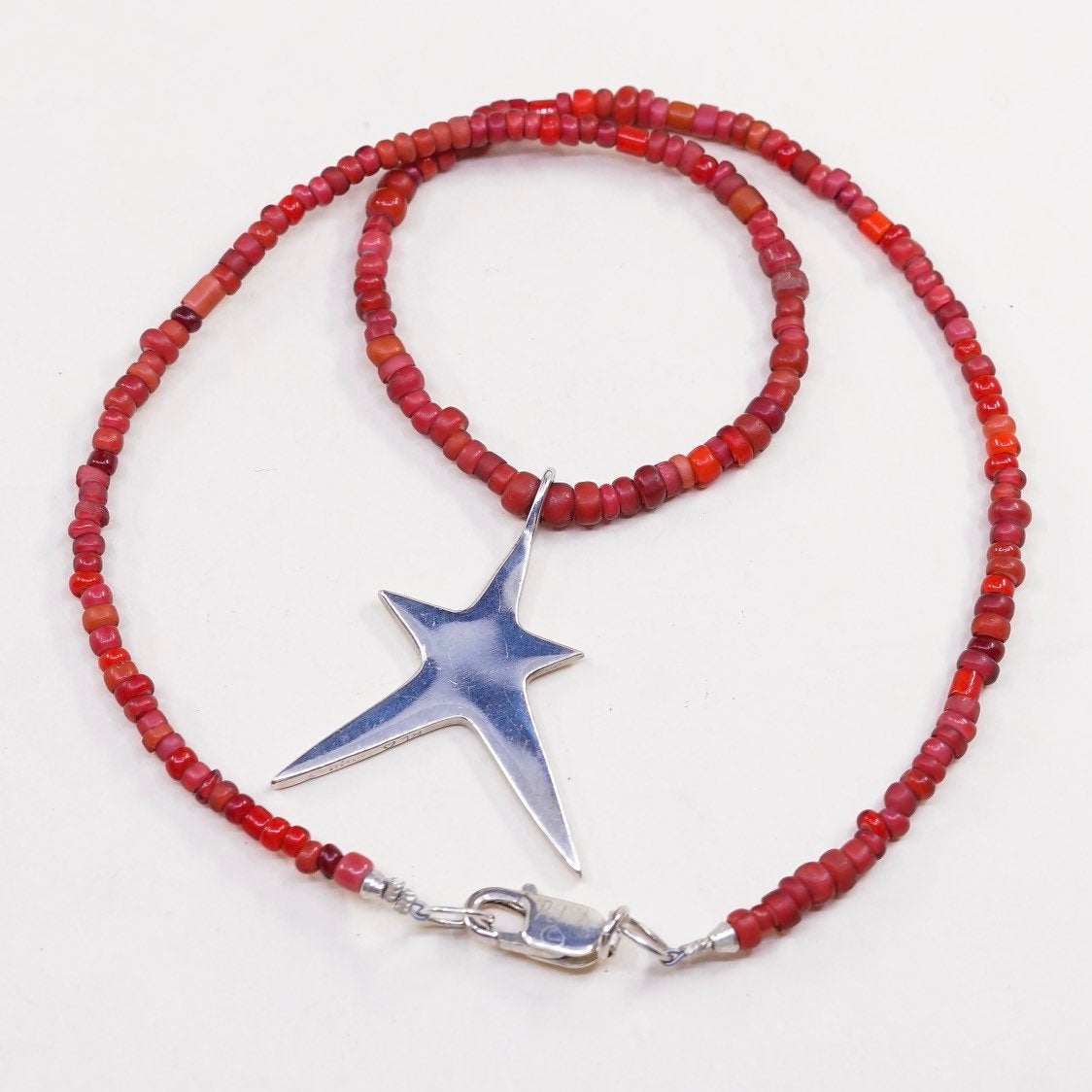 17”, RLA Native American necklace heishi coral beads W sterling 925 silver star