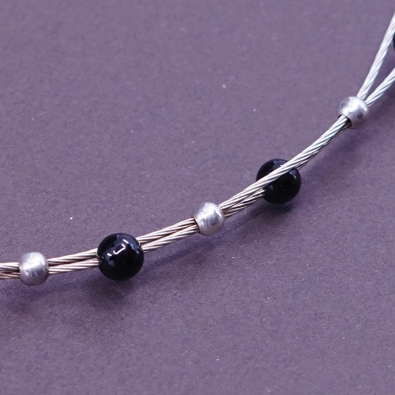 14+2”, Vintage Sterling 925 silver handmade twisted chain with obsidian beads