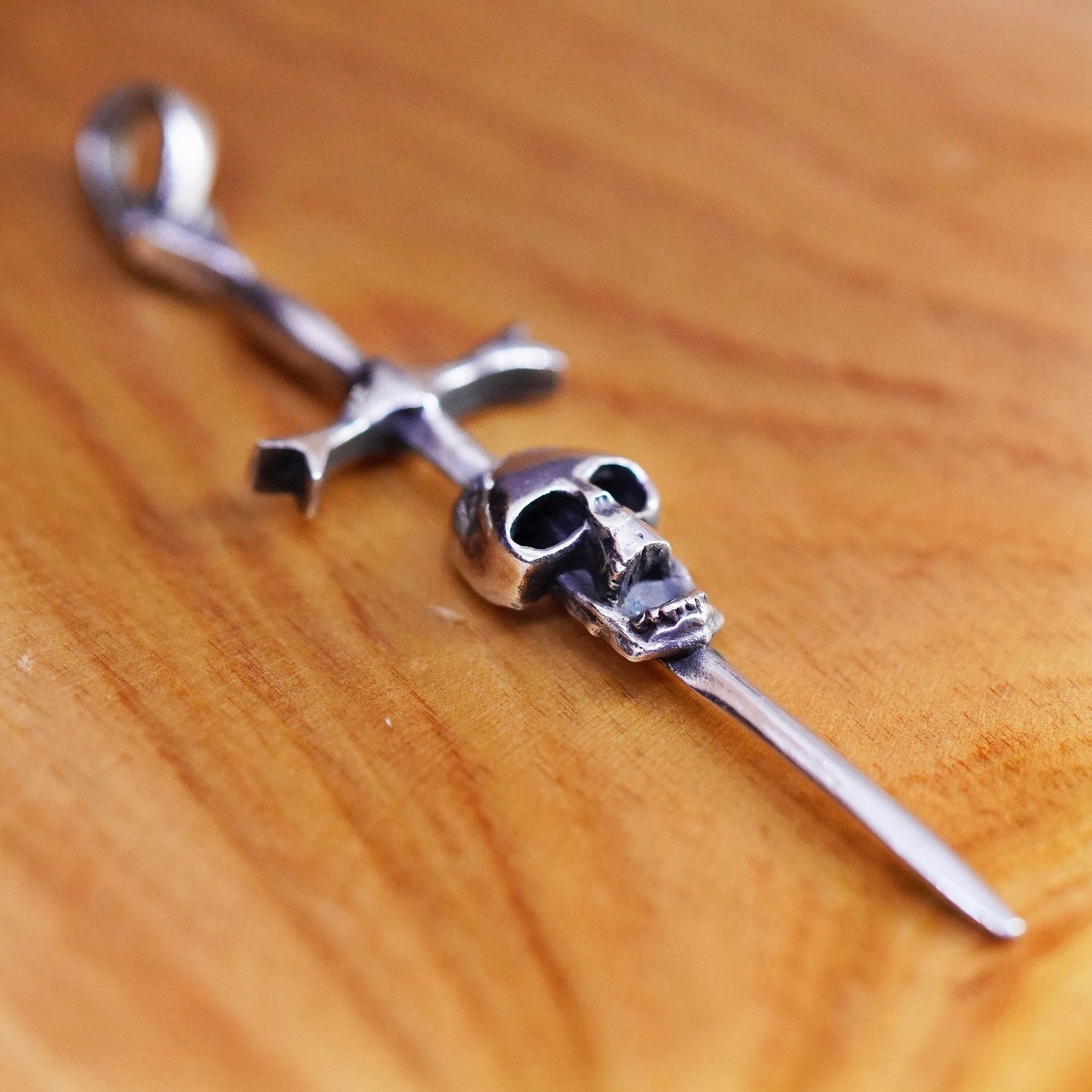 Vintage Sterling silver handmade pendant, 925 cross sword with skull