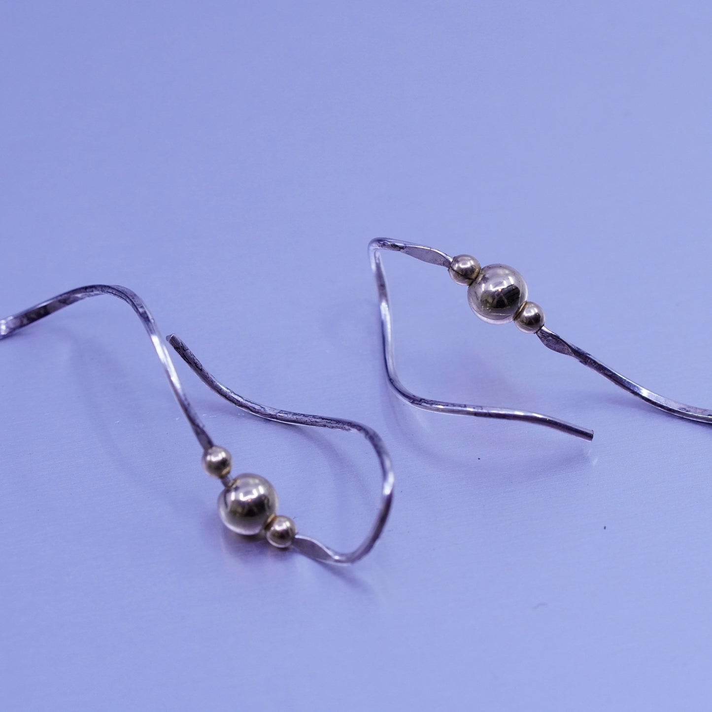 Vintage Sterling 925 silver handmade twisted earrings drop with 14K gold beads