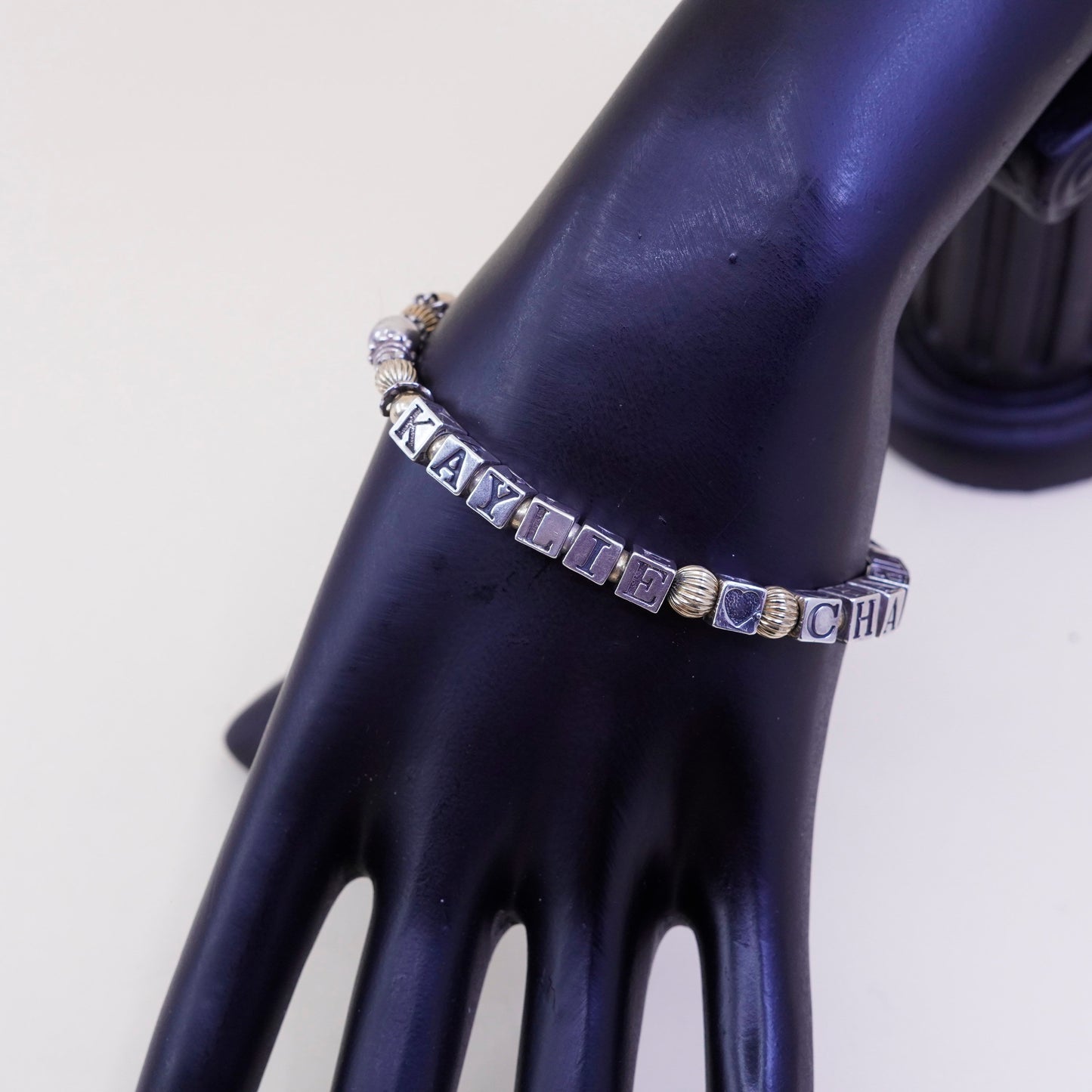 6.75”, 14K gold beads with Sterling 925 Silver bracelet “Kaylie heart Charlie”
