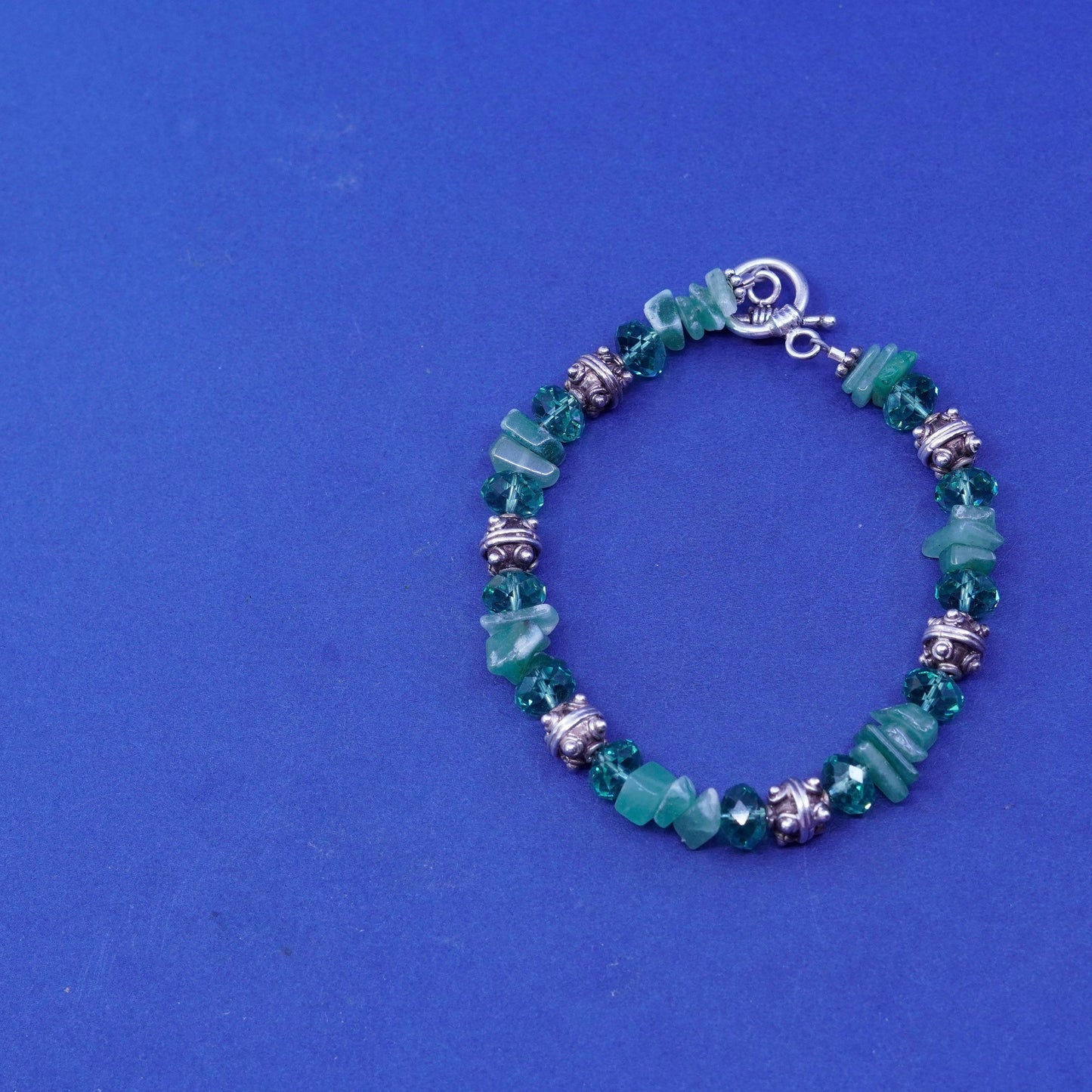 7.5”, vintage Sterling silver handmade bracelet, 925 beads with jade nuggets