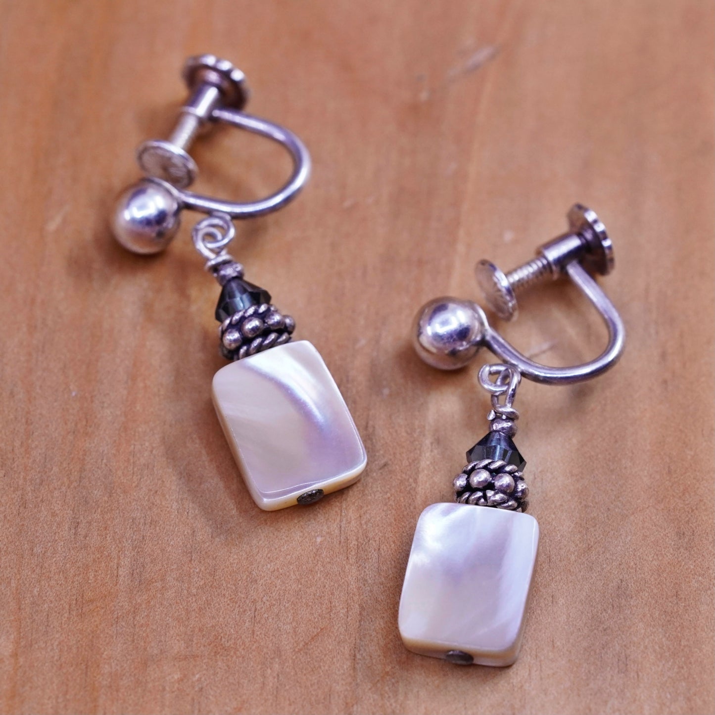 Sterling silver screw back handmade earrings, 925 dangles with mother of pearl