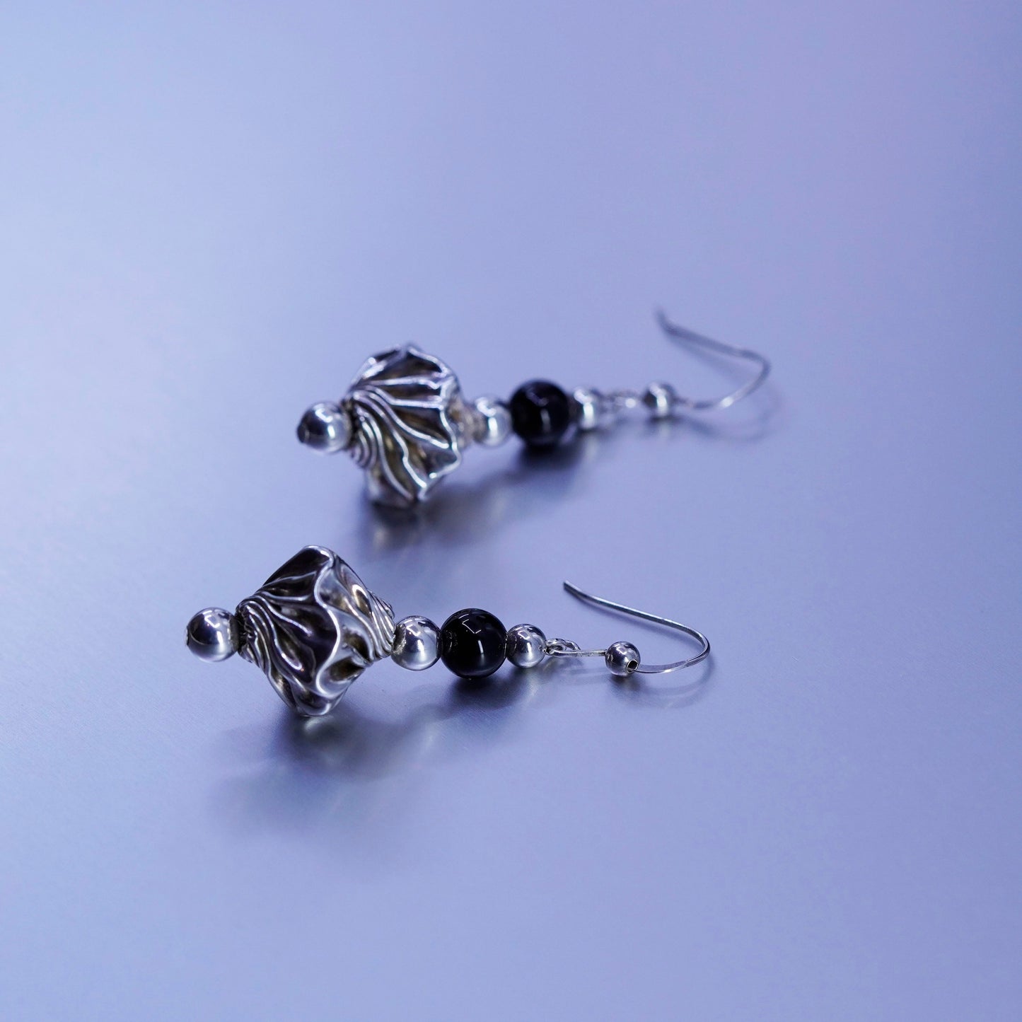 Vintage Sterling 925 silver handmade twisted earrings drops with obsidian beads