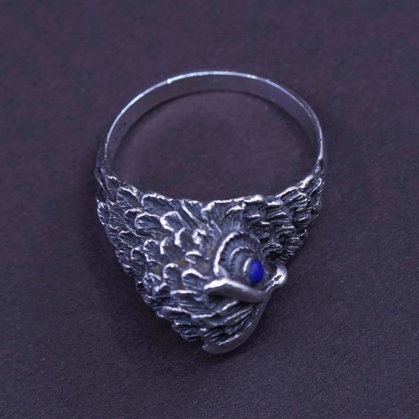 sz 6.25, vtg Sterling 925 silver handmade statement owl band ring w/ lapis