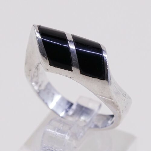 Sz 8, Vtg Sterling Silver Handmade Ring, Mexico 925 Modern Band W Obsidian Inlay