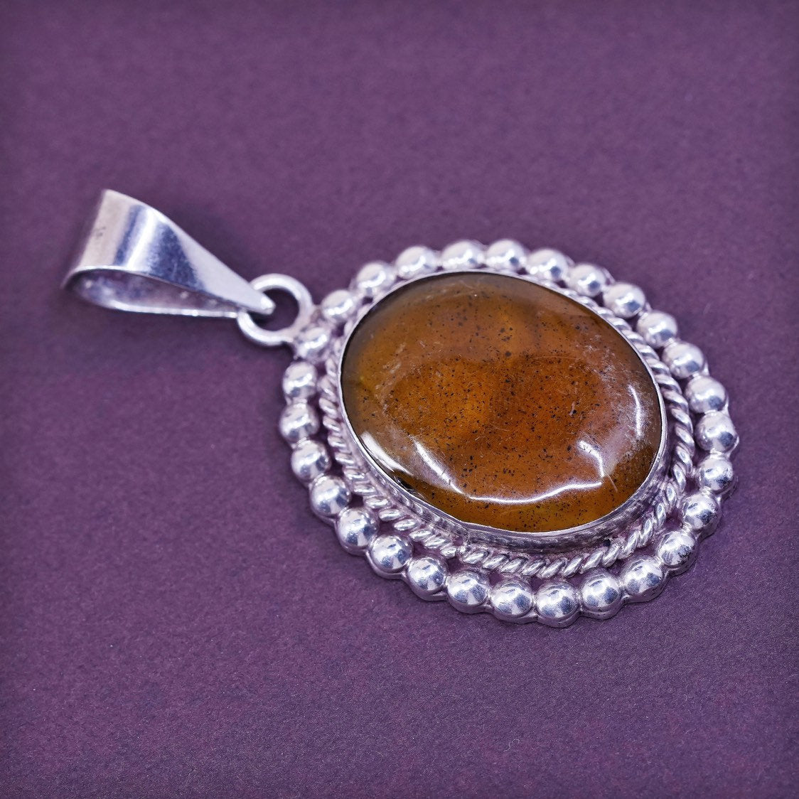 vtg mexico Sterling silver handmade pendant, 925 w/ Amber N beads