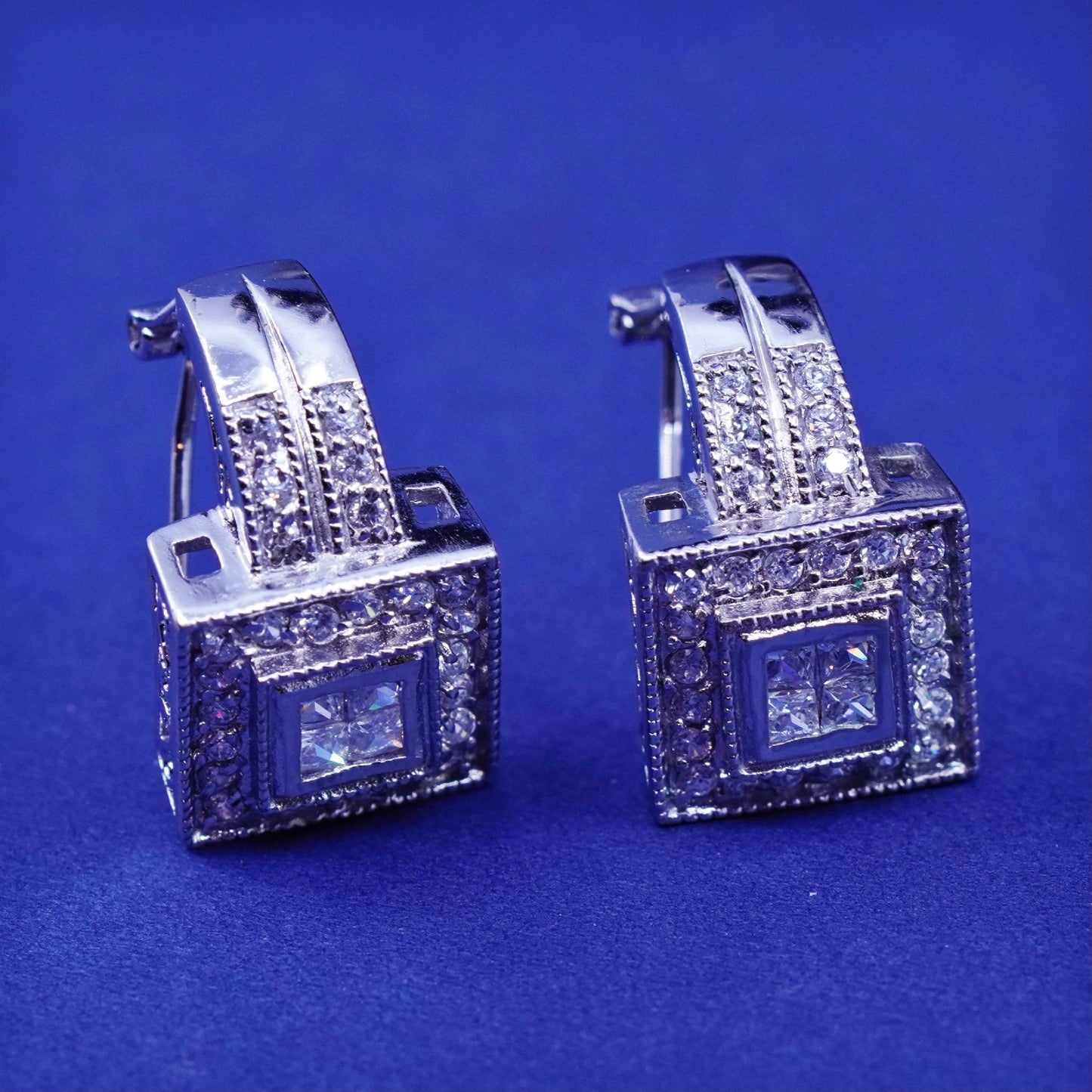 Vintage Sterling silver earrings, 925 circle with cluster cz