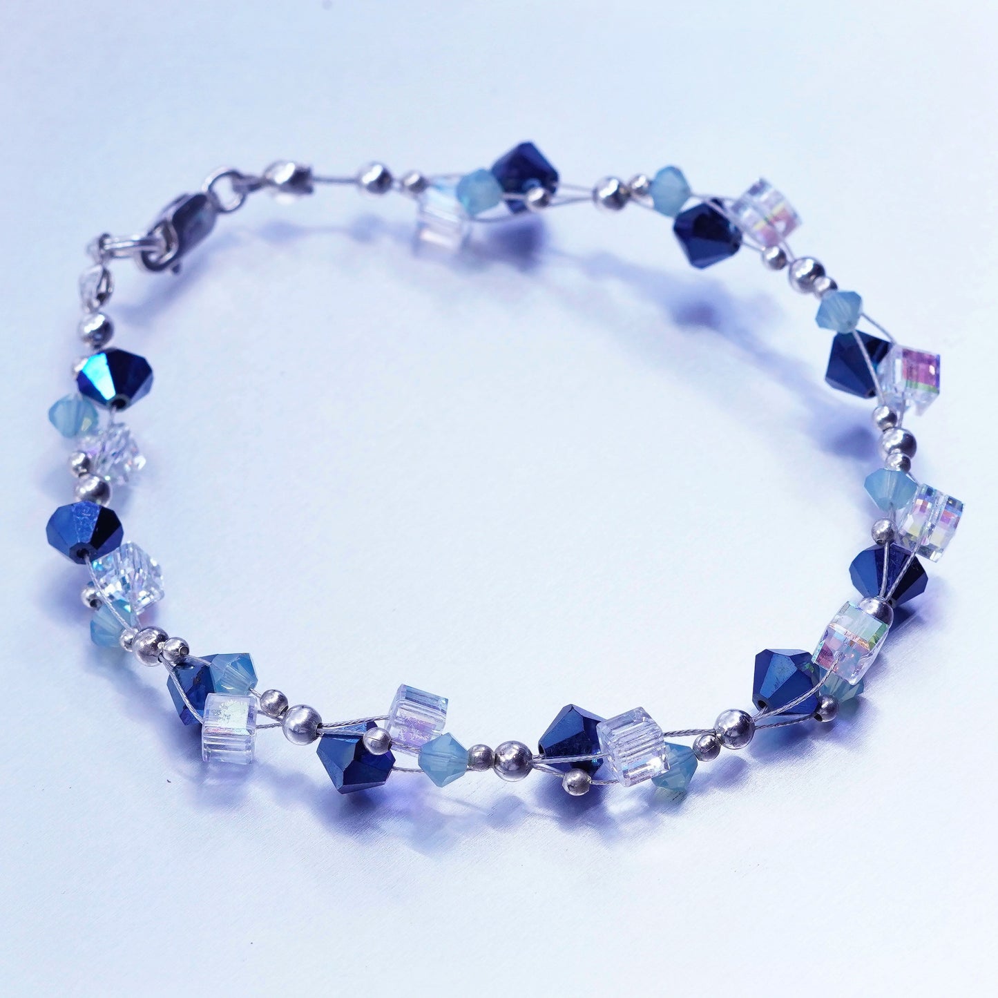 7.5”, vintage Sterling 925 silver bracelet with blue crystal beads