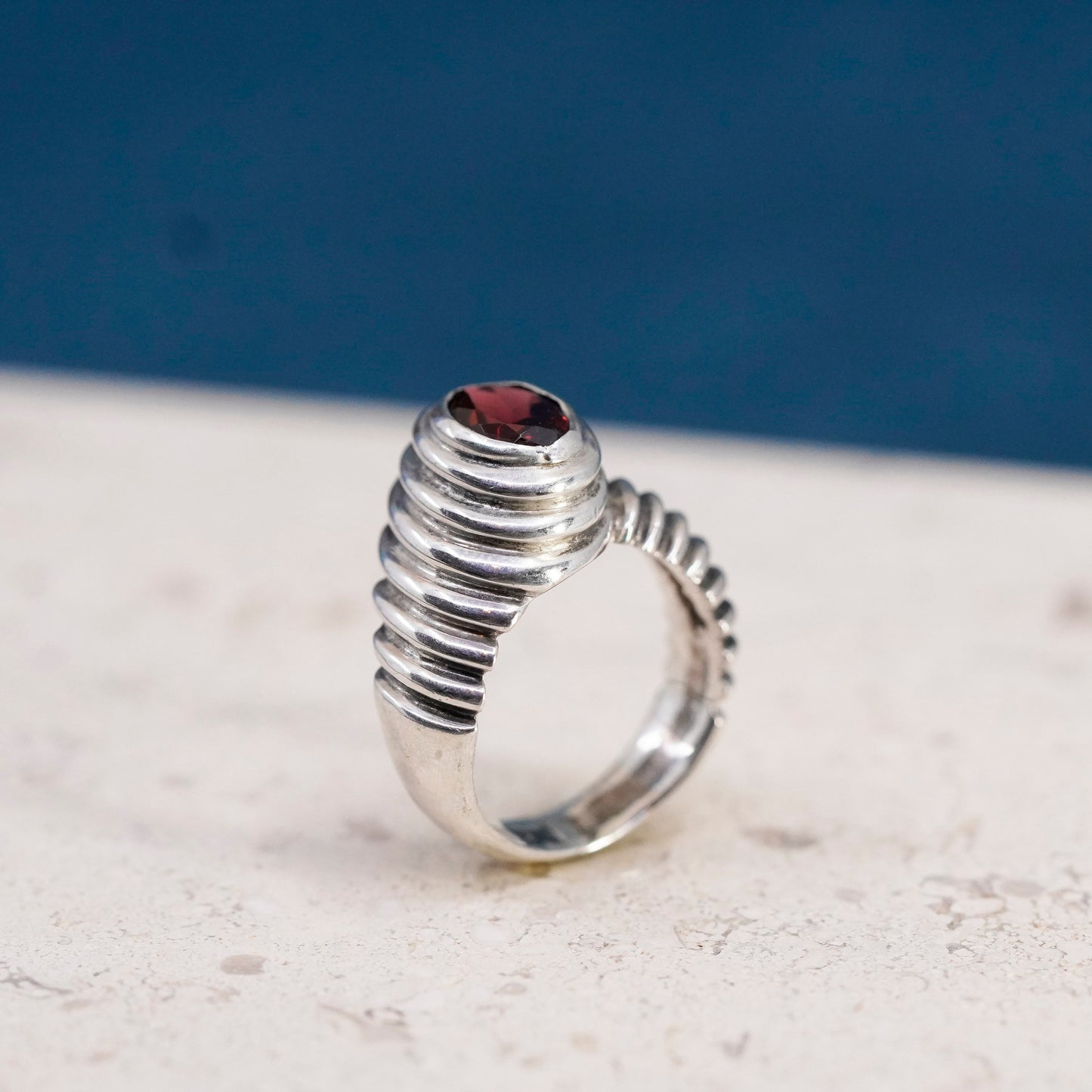 Size 5, vintage Sterling 925 silver handmade ribbed ring with Ruby