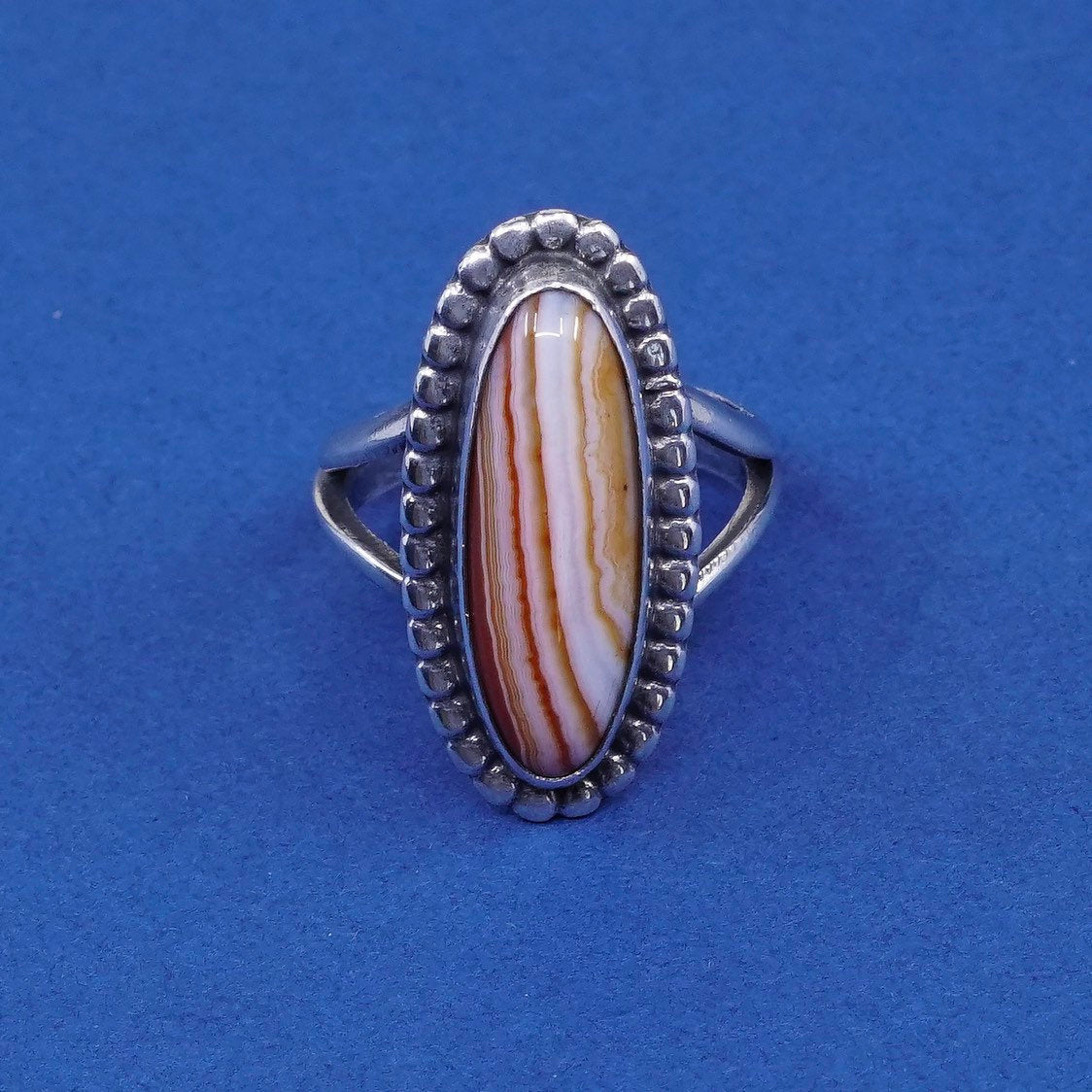 sz 6, vtg Sterling silver handmade ring, 925 w/ red lace agate N beads