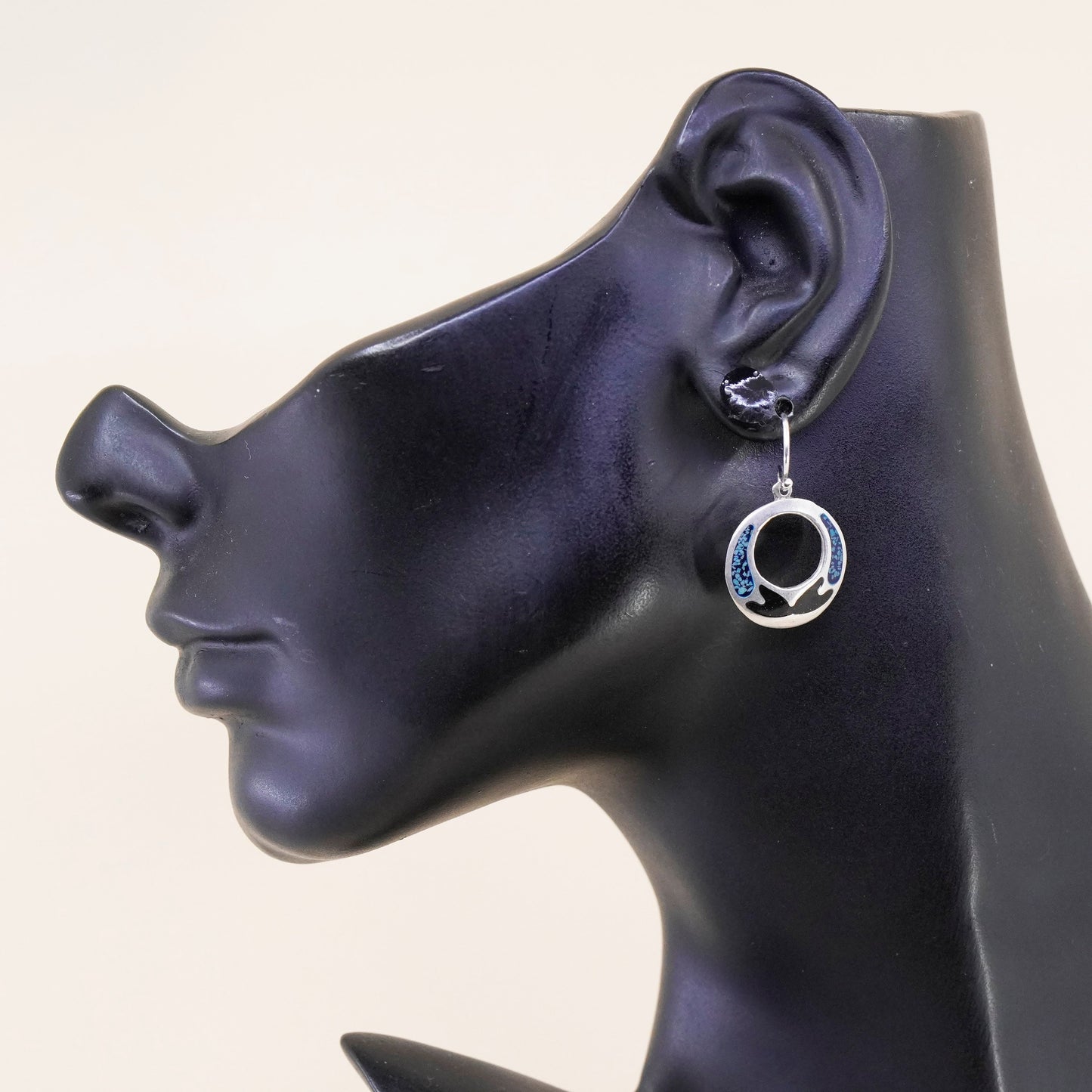 Vintage sterling silver handmade earrings, mexico 925 circle with turquoise