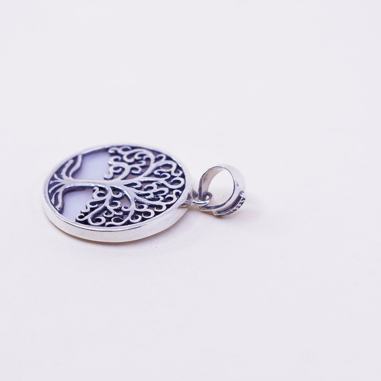 Vintage Sterling silver handmade pendant, 925 filigree tree tag mother of pearl