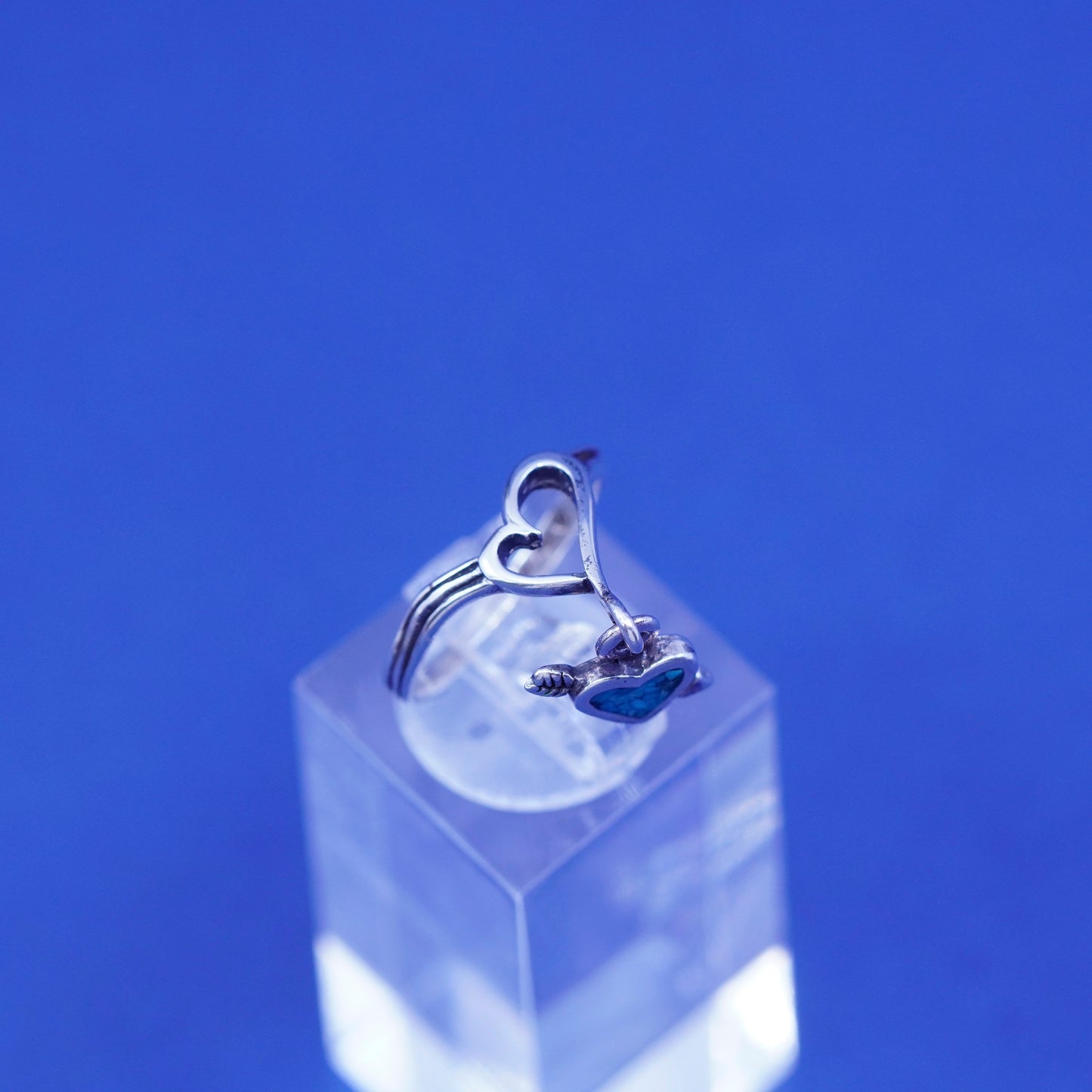 sz 4.75, Native American Sterling 925 silver ring band w/ turquoise heart charm