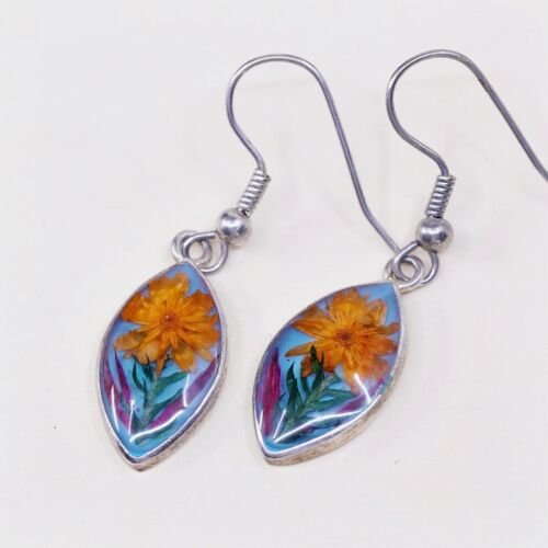 Vtg Alpaca Silver Handmade Earrings, Marquise Resin Sun Flower, Stamped