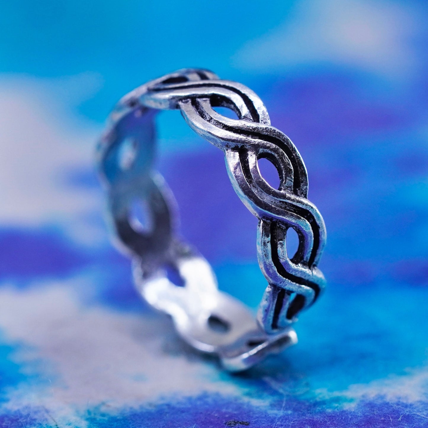Size 4.25, vintage Sterling silver handmade ring, woven twisted 925 open band