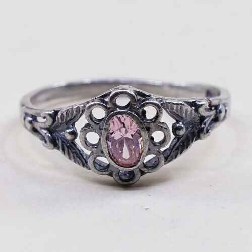 Sz 7.25, Vtg Sterling Silver Ring, 925 Silver Engagement Ring W/ pink Crystal