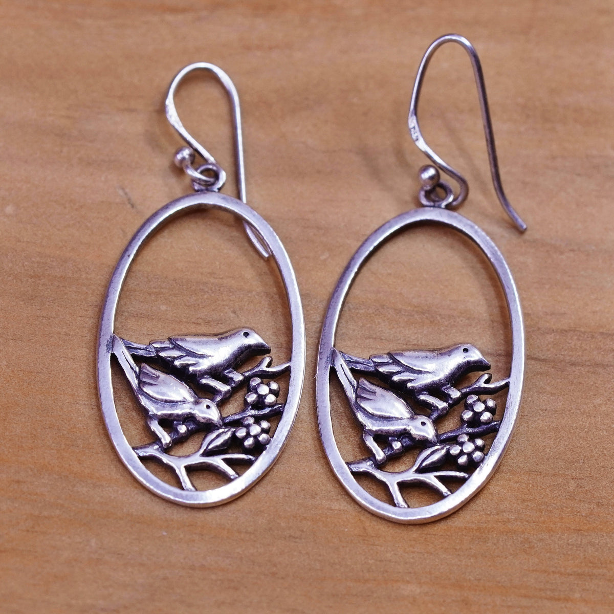 Vintage Sterling silver handmade earrings, 925 birds on branch