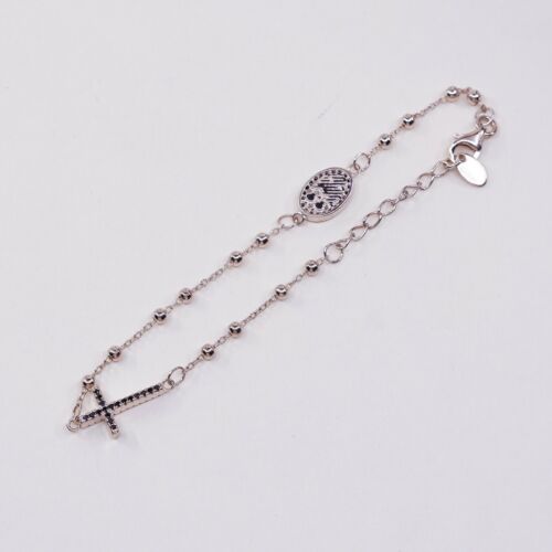 7.25”, Dyadema Vermeil Rose Gold Sterling Silver Bracelet, W/ Cross N Sapphire