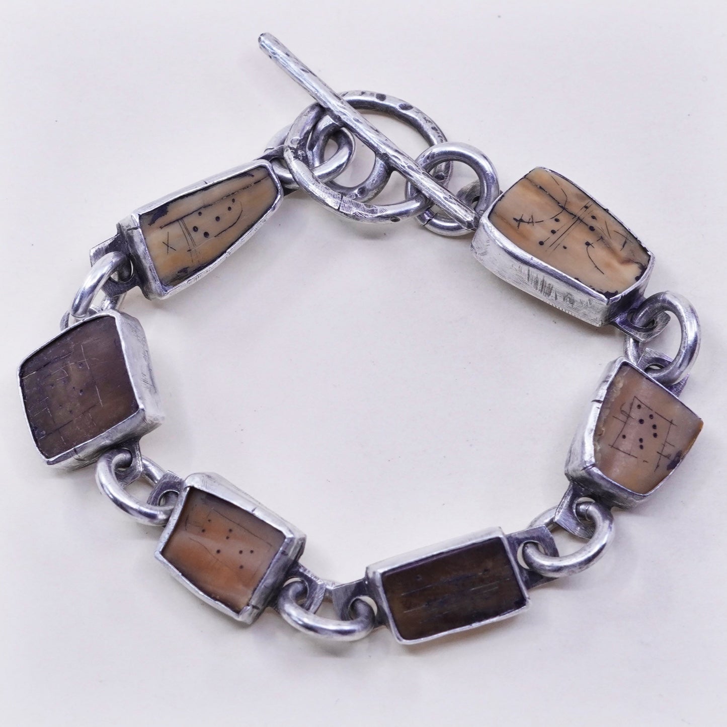 6.25”, handmade sterling 925 silver bracelet w/ dotted wood unique piece