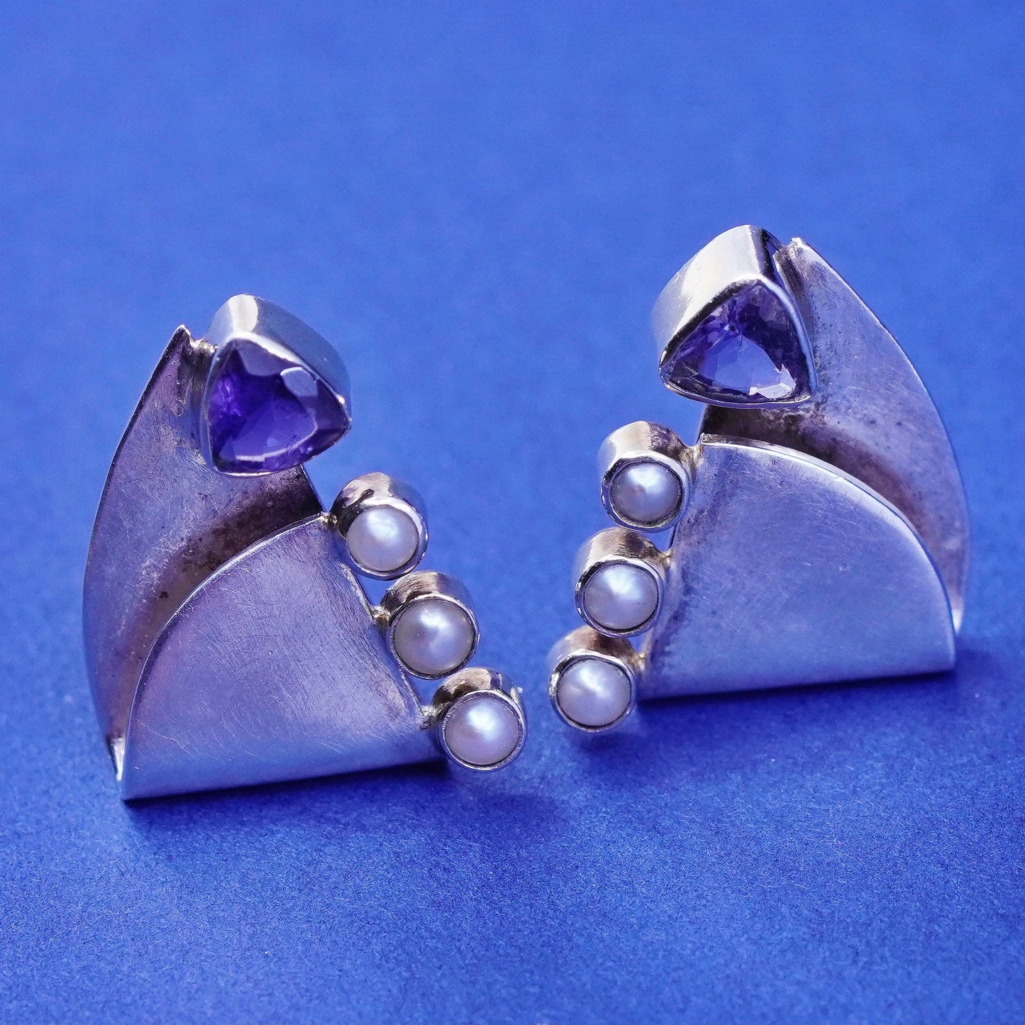 two tone 14K gold filled sterling silver earrings, 925 studs pearls amethyst