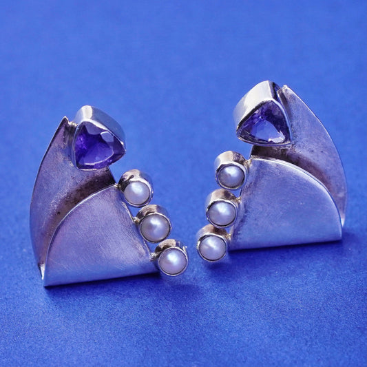 two tone 14K gold filled sterling silver earrings, 925 studs pearls amethyst
