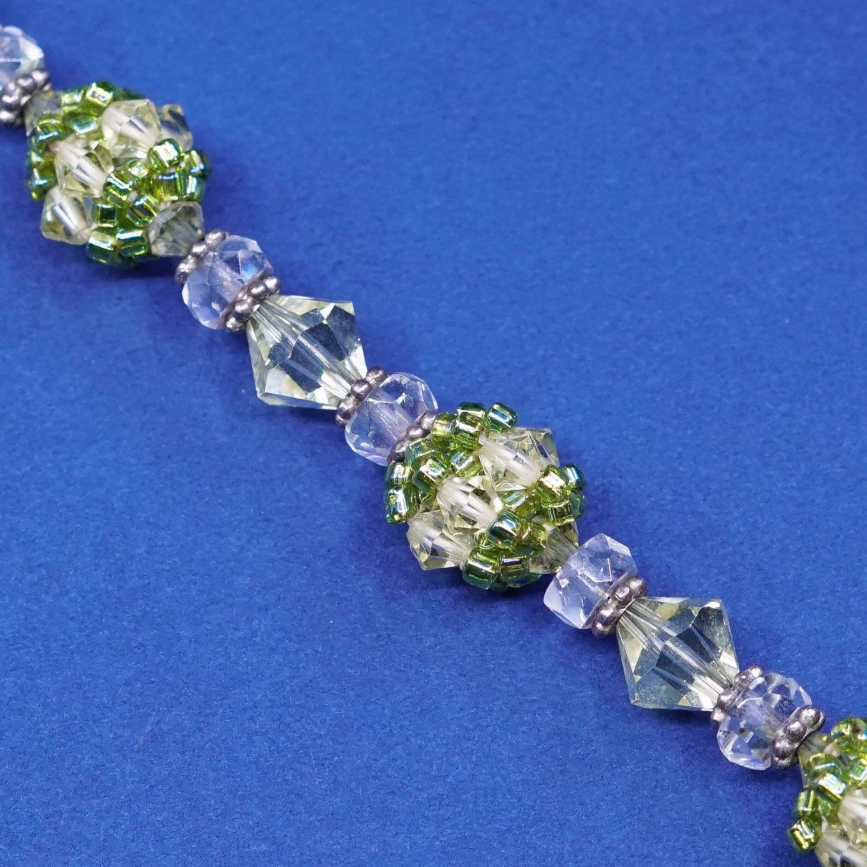 7”, vtg sterling silver handmade bracelet, 925 w/ green crystal beads