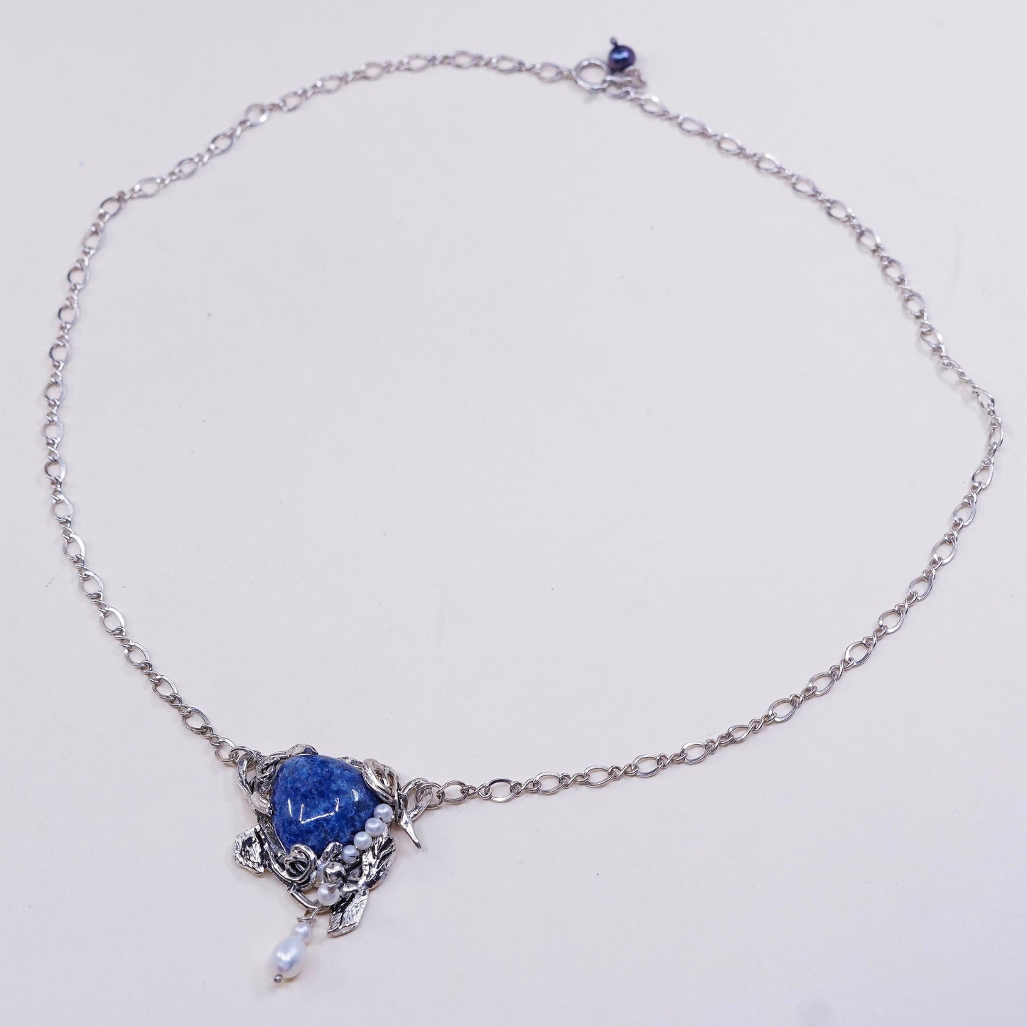 18" Israel sterling silver 925 necklace figaro chain W sodalite pendant N pearl