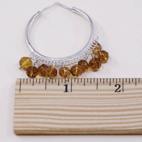 1.5”, Vtg handmade Sterling 925 Silver earrings, Hoops W/ Cluster Amber Dangles