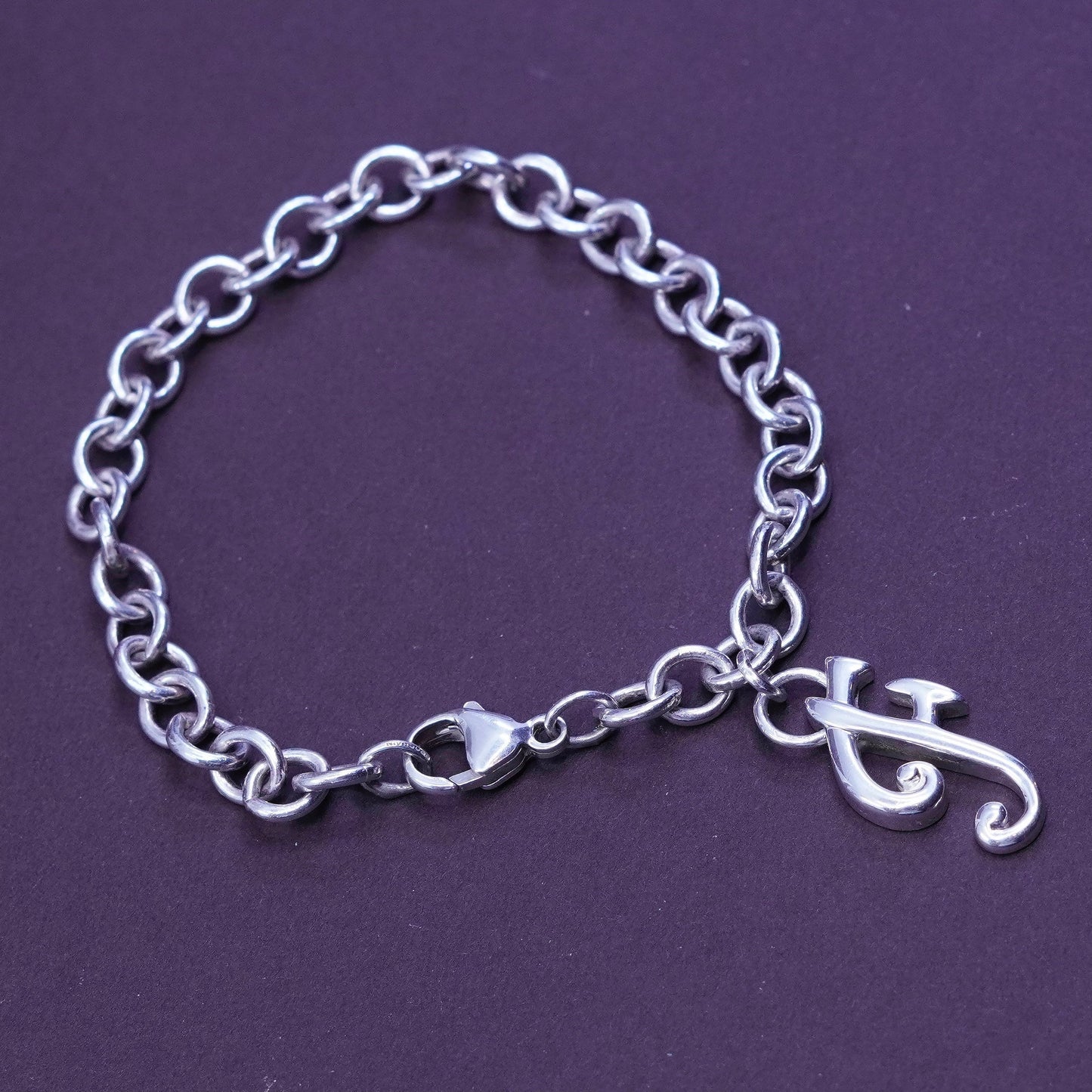 7”, Vintage sterling silver bracelet, 925 circle chain with initial letter “F”