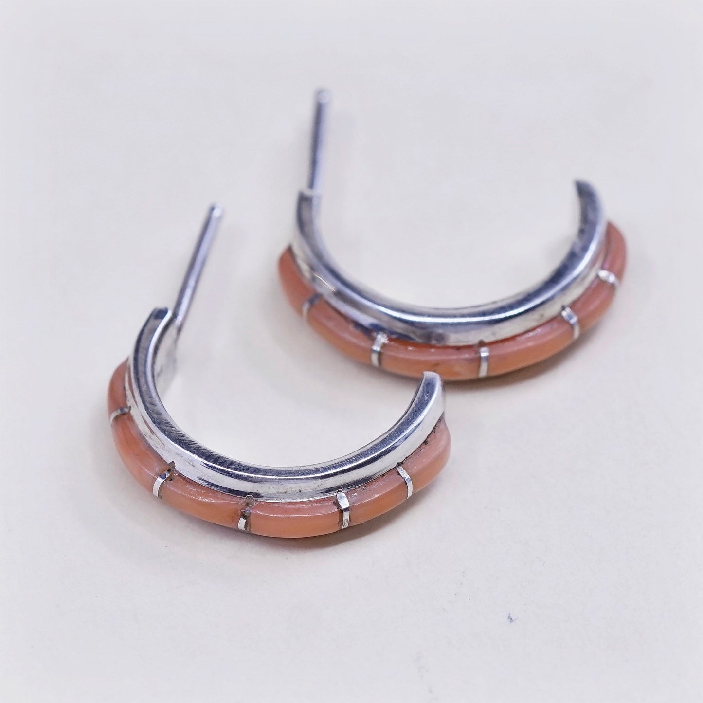 0.75”, Native American Navajo Nabiho sterling 925 silver huggie coral earrings