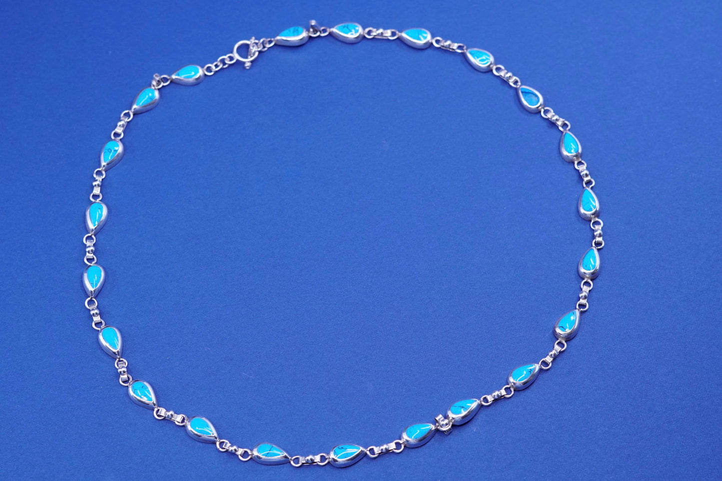 22”, huge mexico sterling 925 silver teardrop handmade necklace w/ turquoise