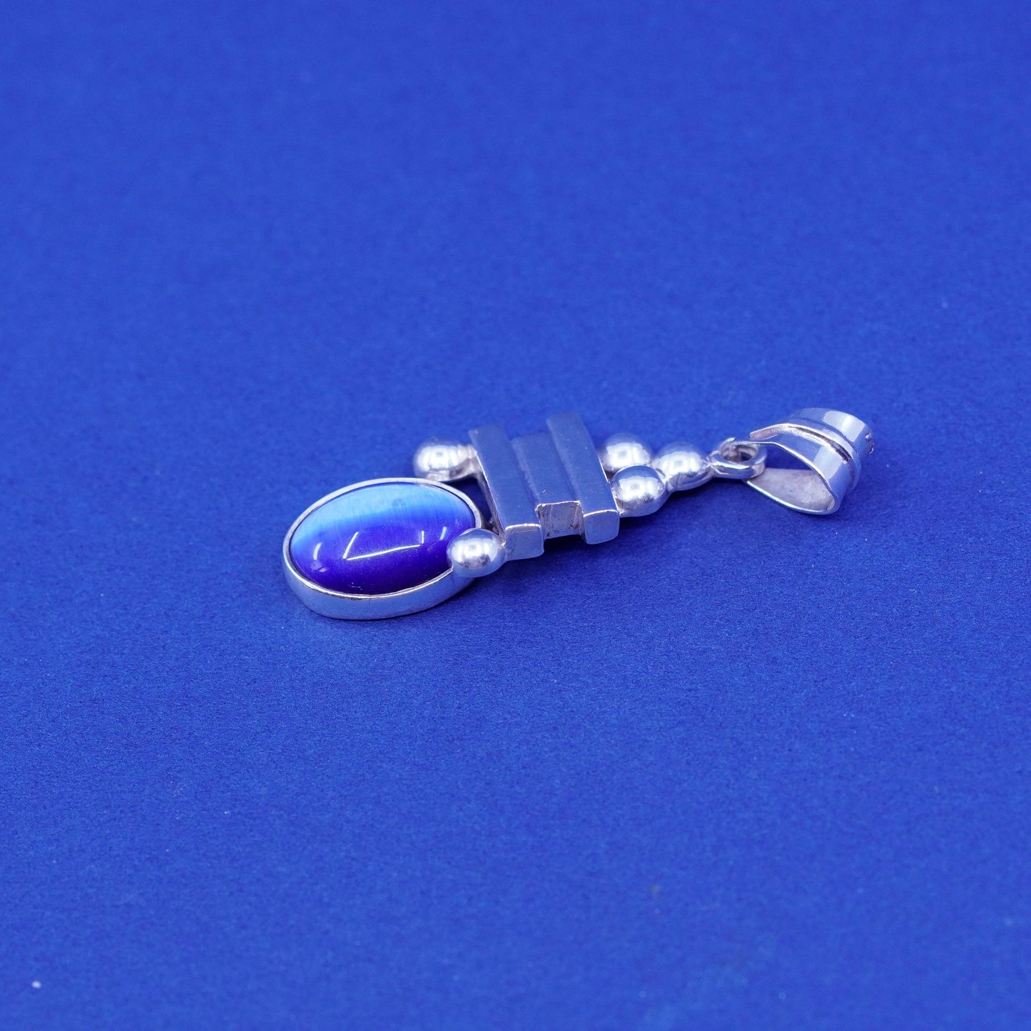 Vintage Sterling silver handmade pendant, 925 charm w/ blue cats eye and beads