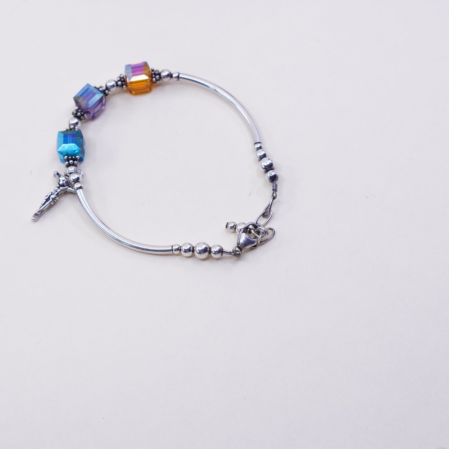 7”, Sterling 925 silver handmade bracelet Swarovski crystal beads N cross charm