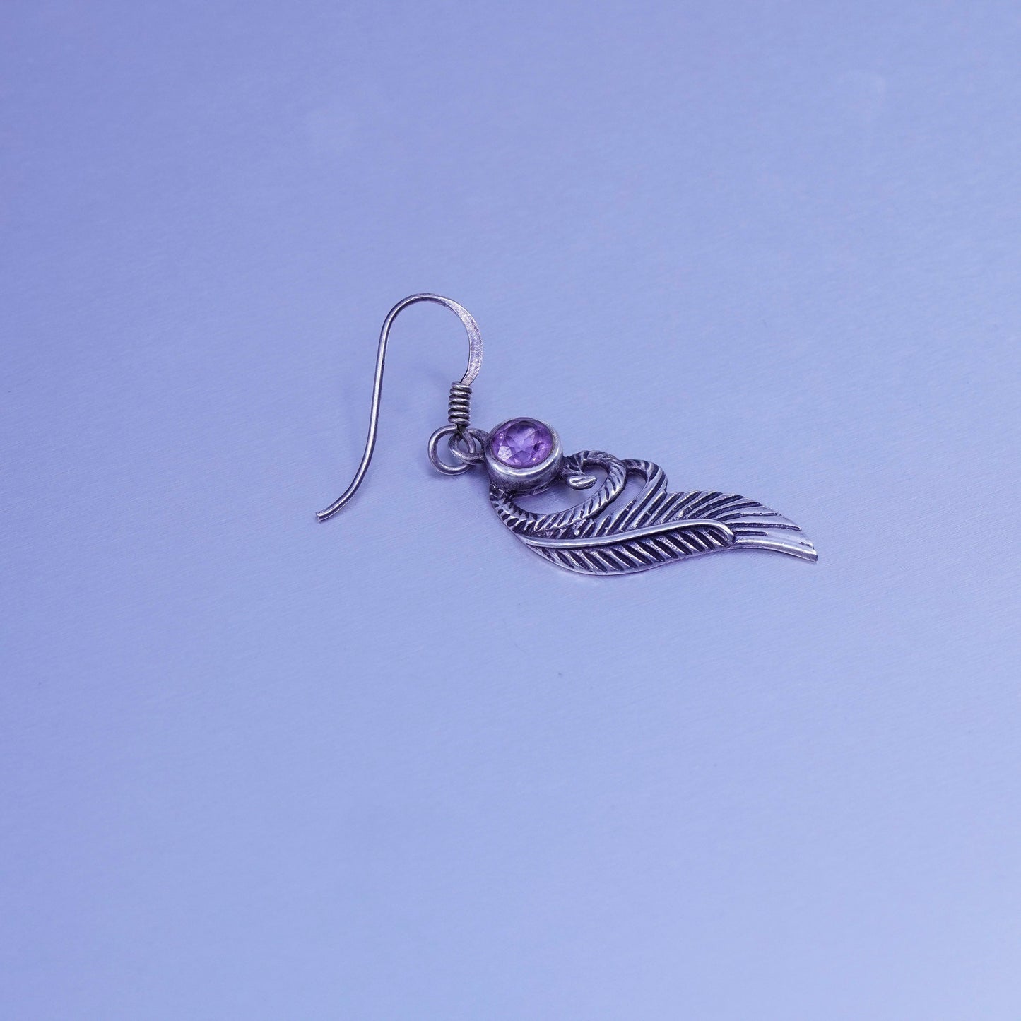 Vintage Sterling 925 silver handmade earrings with amethyst and leaf