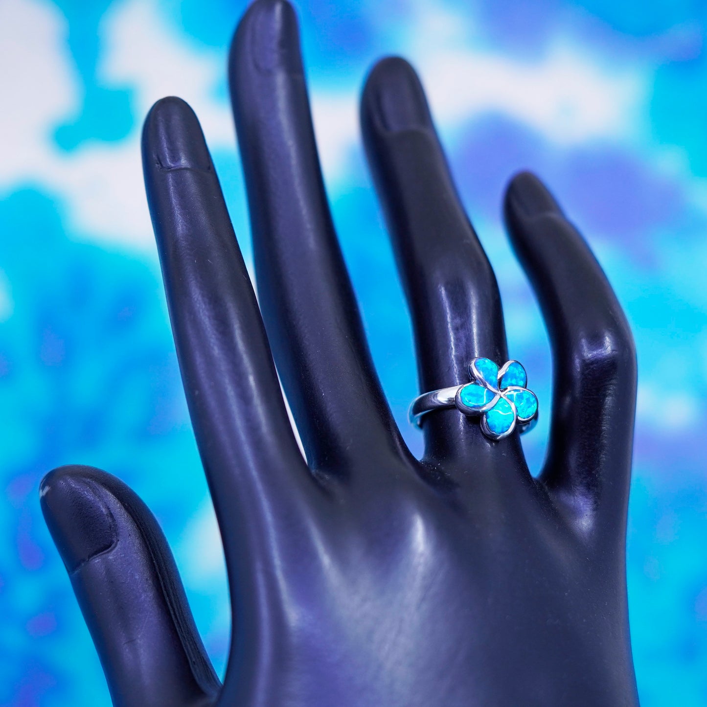 Size 6, Vintage Sterling 925 silver handmade plumeria flower ring with opal