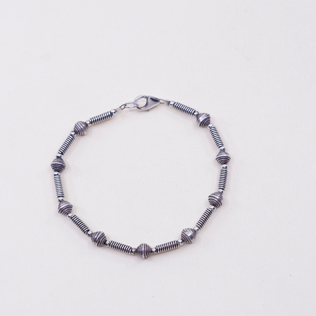 6.75”, 5mm, vtg handmade sterling silver, 925 textured beads with bar bracelet