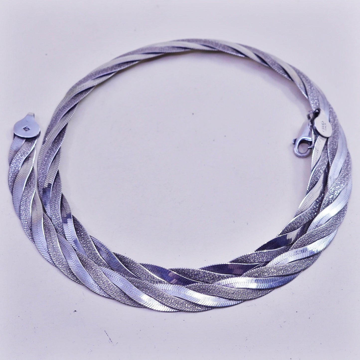 18”, vtg Italy sterling silver necklace, 925 woven braided herringbone chain
