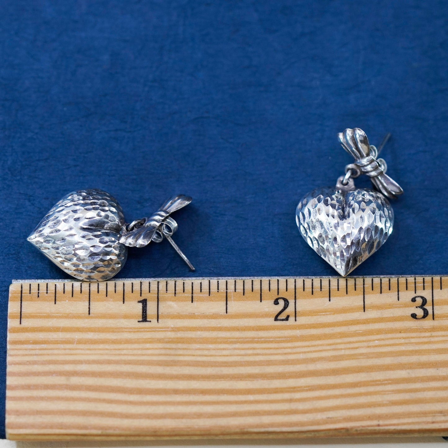 Vintage Sterling silver handmade earrings, textured 925 puffy heart drops