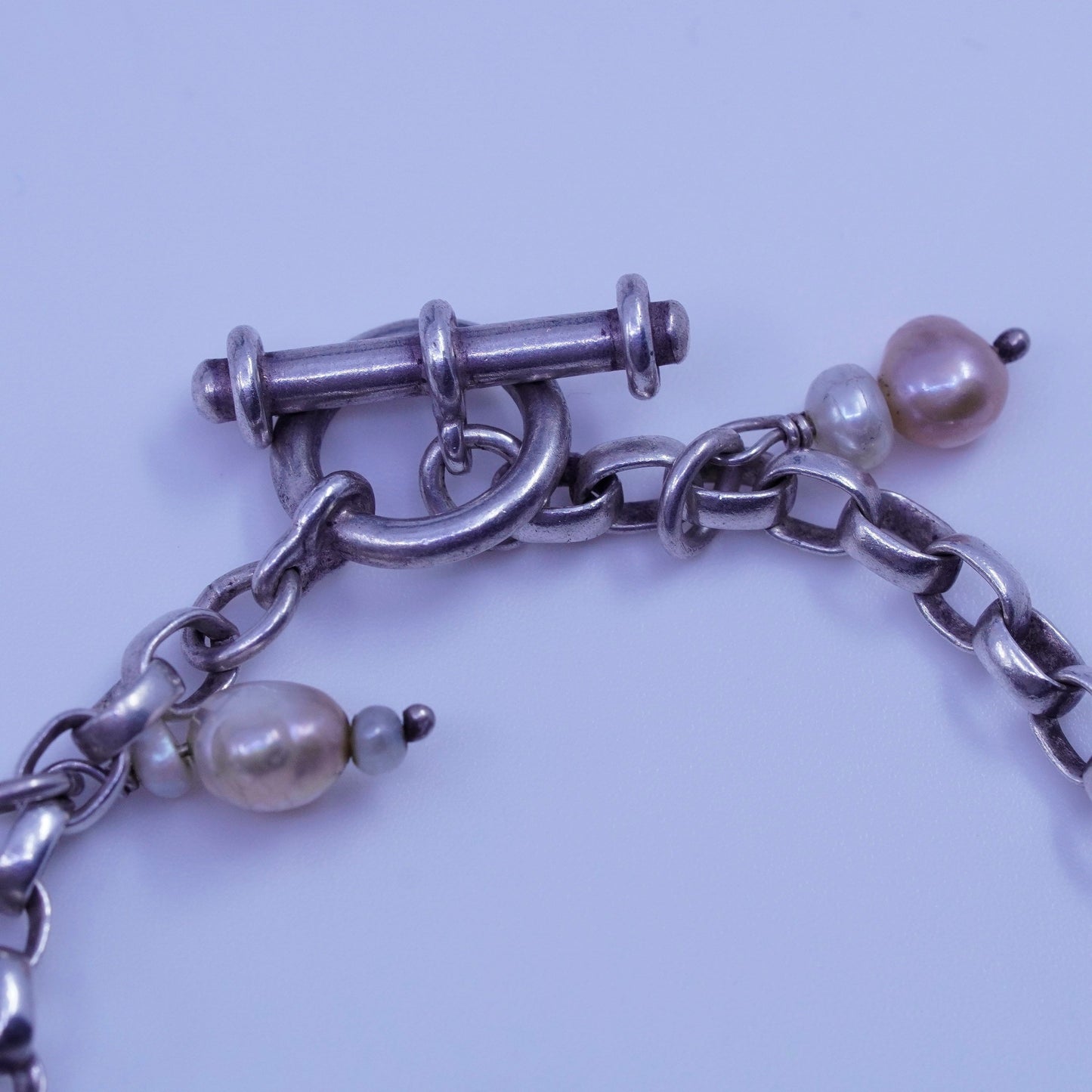 6.75”, AGAU Sterling silver bracelet, 925 bold circle chain heart pearl charms