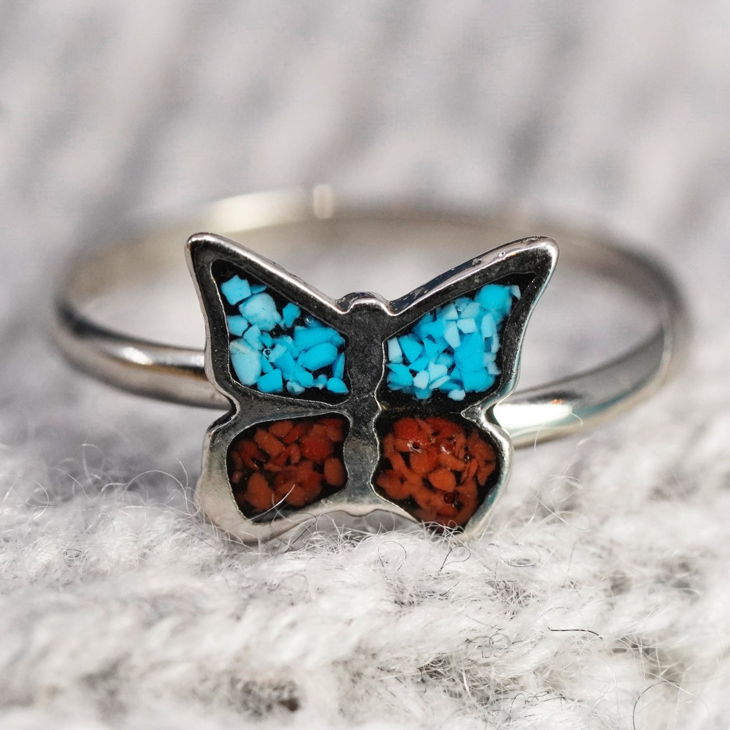 Size 4.25, Native American sterling silver ring, 925 butterfly turquoise coral