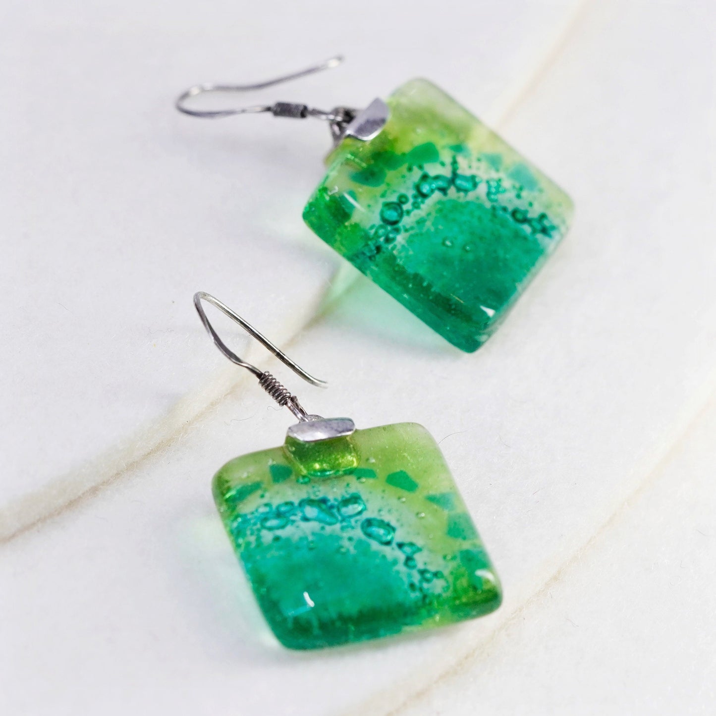 Vintage Sterling 925 silver earrings with artisan square green glass