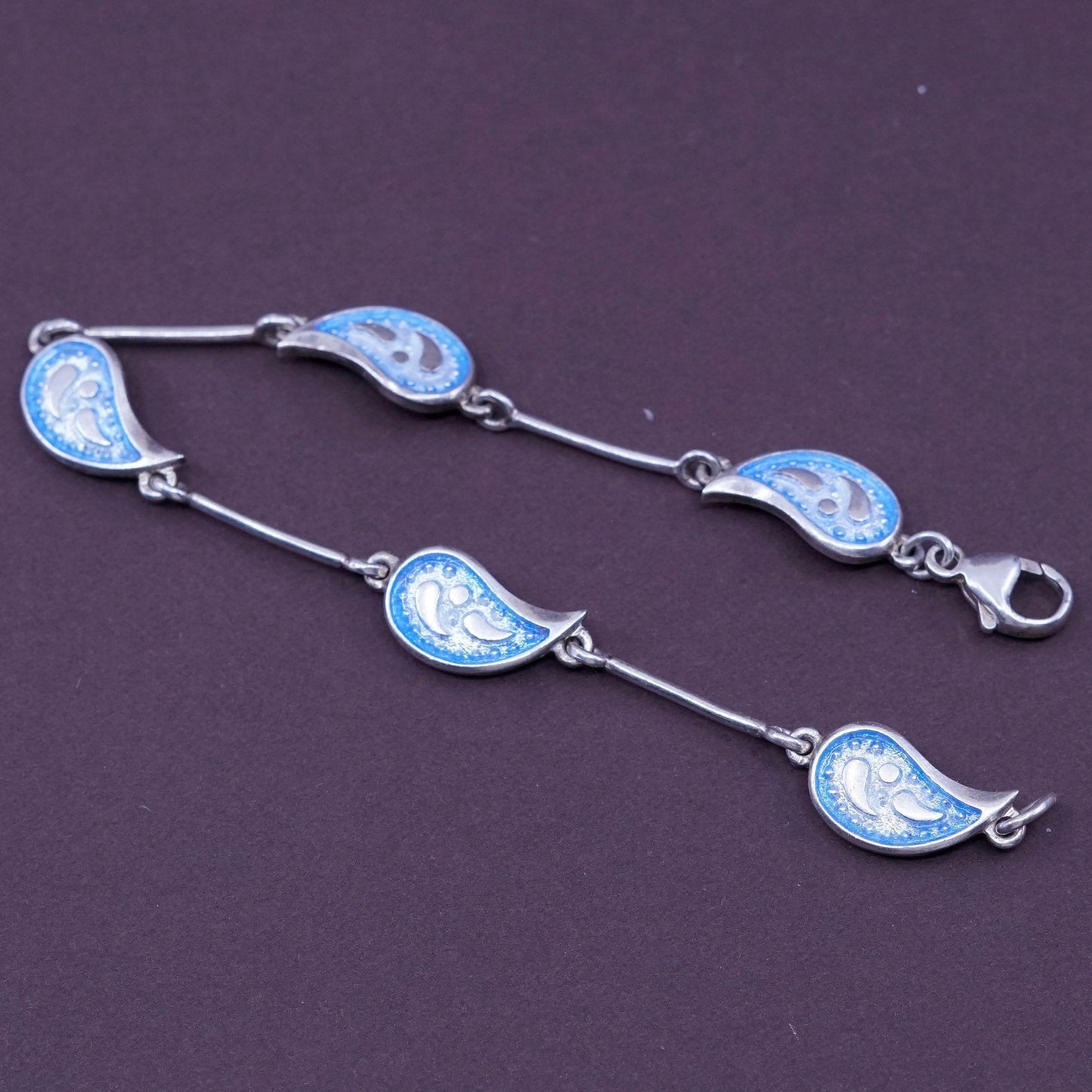 7”, vtg sterling 925 silver handmade bracelet, blue enamel teardrop link chain
