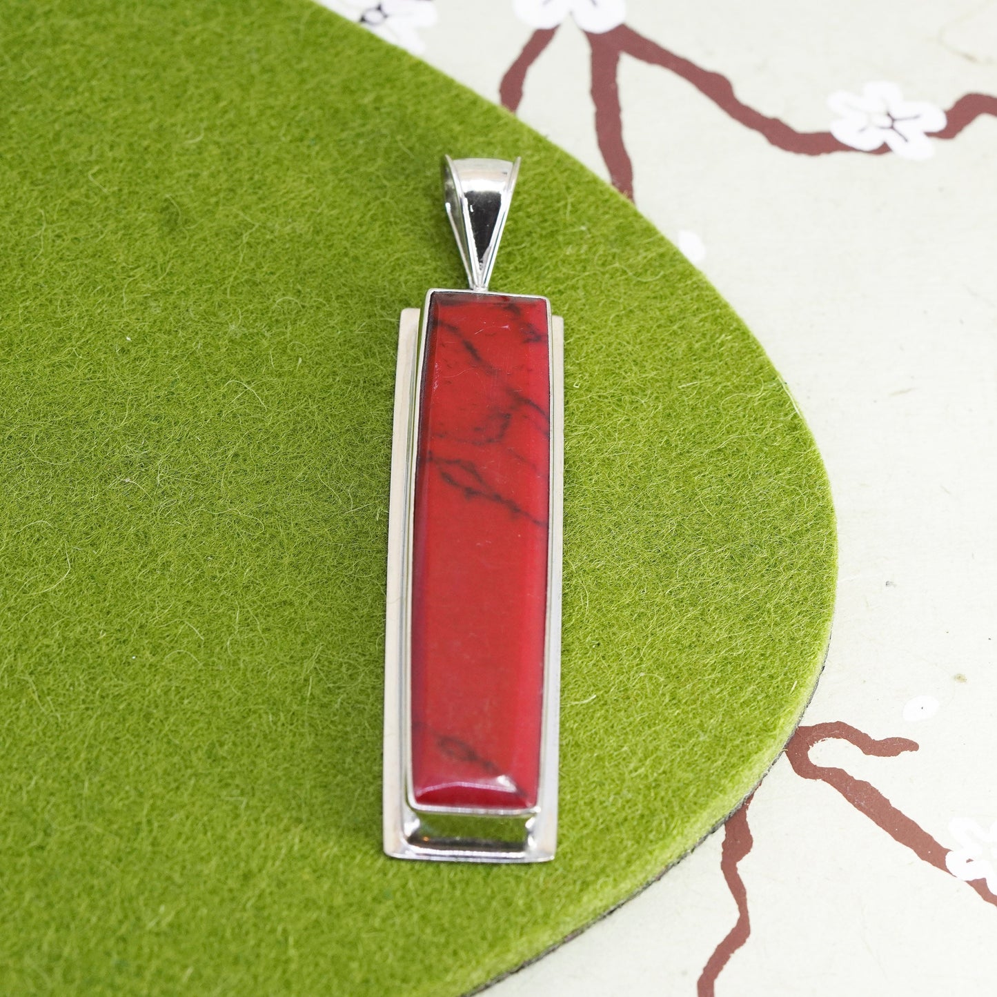 Vintage sterling 925 silver handmade long pendant with red jasper