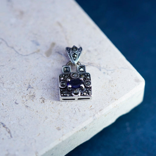 Vintage sterling 925 silver handmade pendant with blue crystal and marcasite